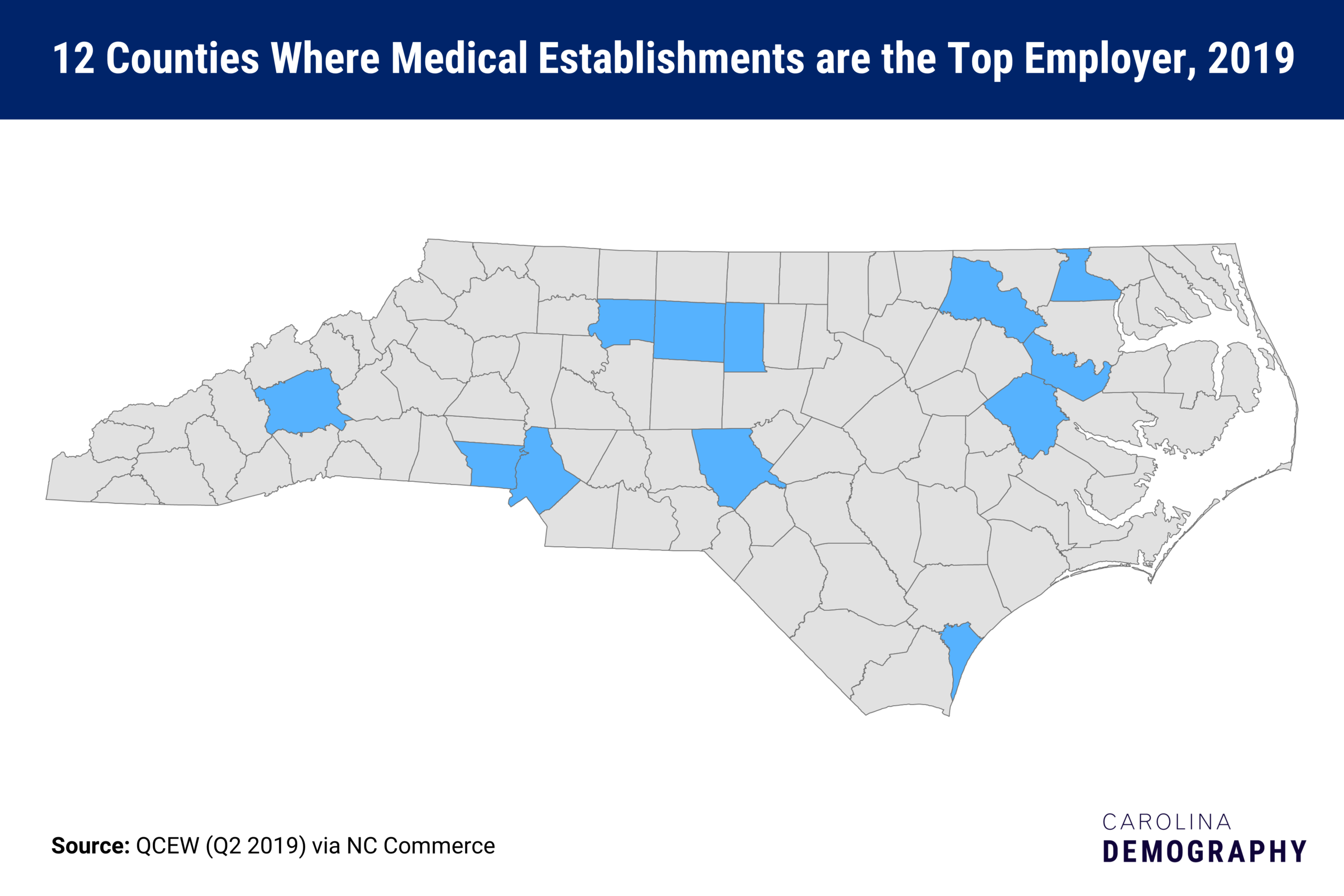 12 counties where medical establishments are the top employer, 2019