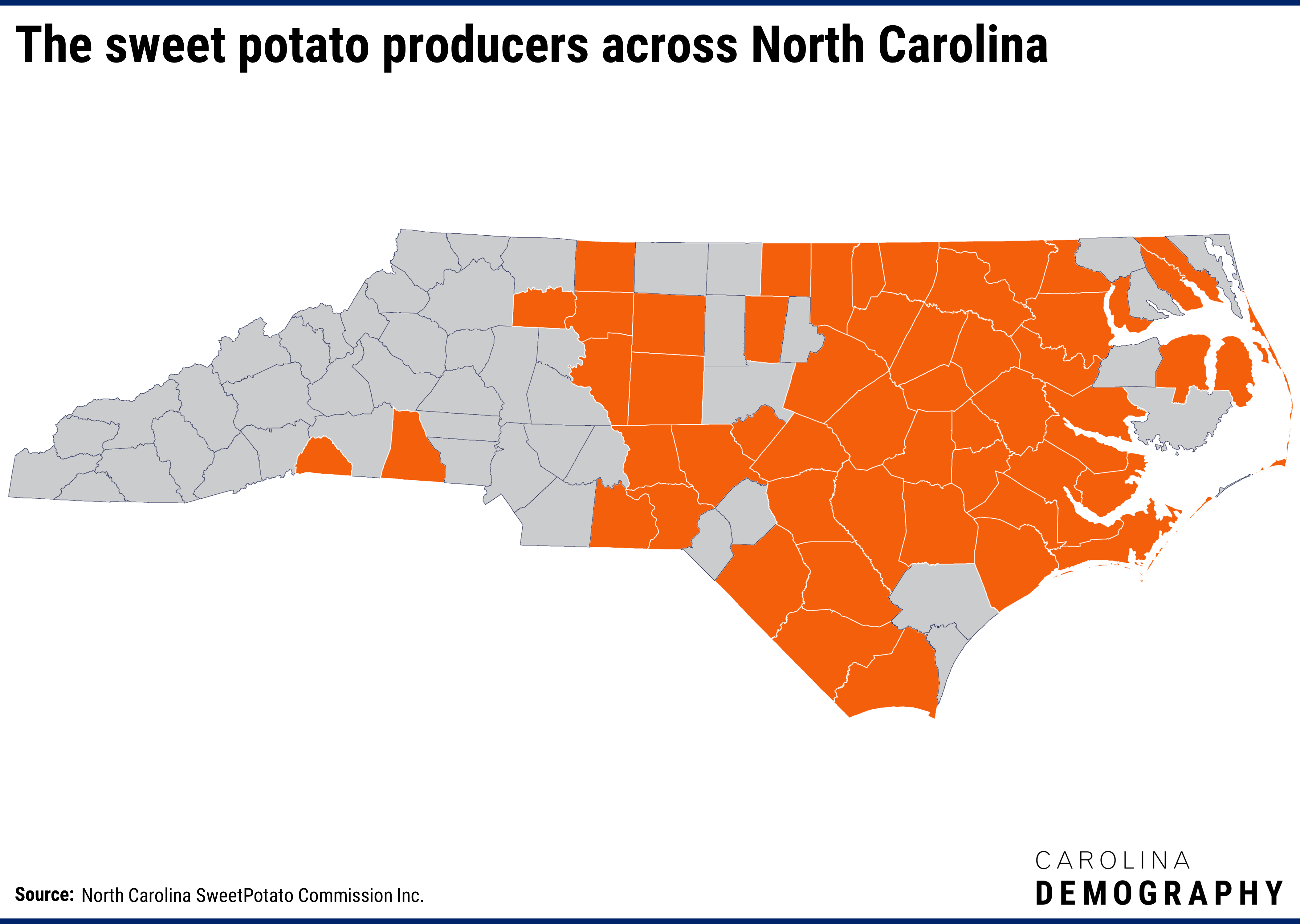 Map of North Carolina counties producing sweet potatoes