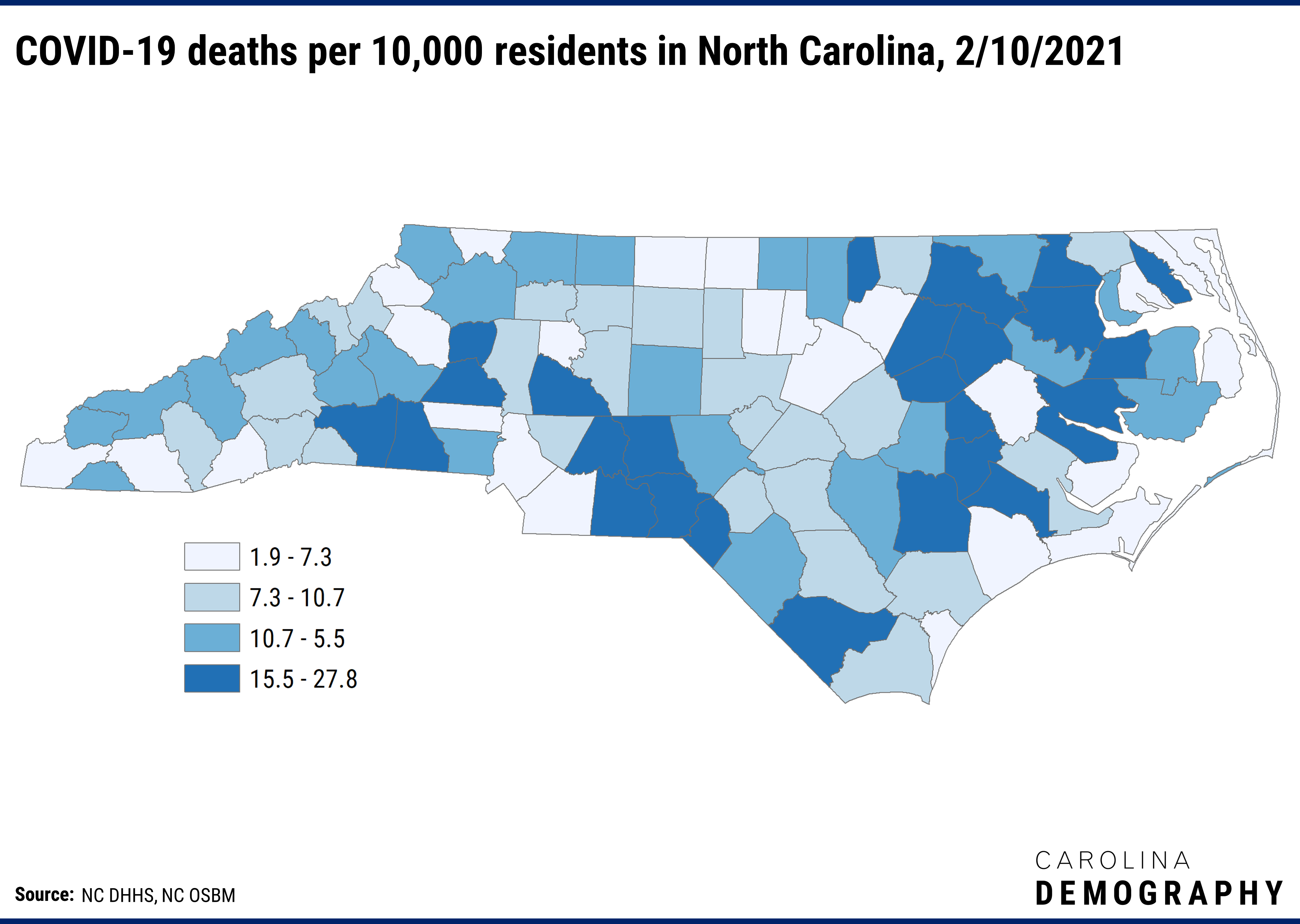 Map of NC showing concentrations of deaths by COVID-19